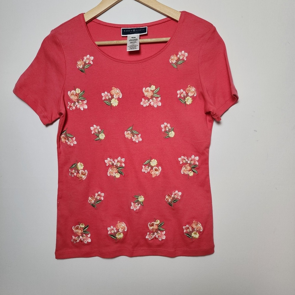 Karen Scott Floral Embroidered Coral Pink Short Sleeve Cotton T-Shirt Medium